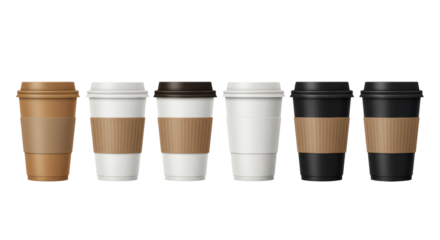 seven tall disposable coffee cups (kraft, white, black) with contrasting lids and cardboard sleeves, lined up on a transparent background, 2d vector graphic design. concept for coffee shop