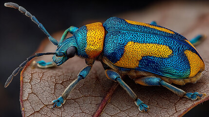 rare colorful beetle in vibrant hues, bright yellow blue exotic beetle macro, vivid rare insect in glowing colors