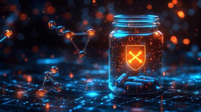 Futuristic glowing pill bottle with digital shield icon, molecular structures, symbolizing medical protection, pharmaceutical innovation, biotechnology, immune defense, advanced healthcare technology - Powered by Adobe