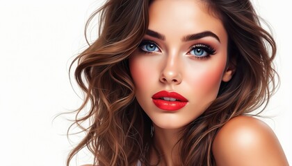 Fototapeta premium Close up illustration of young woman with wavy brown hair, bright blue eyes, full red lips, dramatic eye makeup. Makeup bold, styled for fashion editorial beauty advertisement. Rosy cheeks, perfect