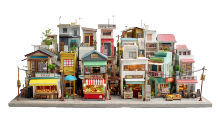 Miniature Street with Shops on Transparent Background
