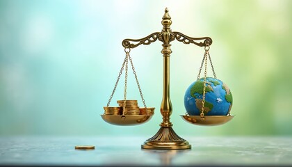 Gold coins balanced against planet Earth on scales global economic eco responsibility, sustainable finance. Visual metaphor highlights fair resource distribution, environmental ethics.