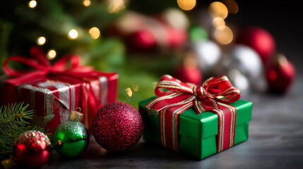 Festive arrangement Christmas, presents red green, bows next ornaments, holiday gift display, seasonal present arrangement, celebration gift scene, decorative packaging focus, defo