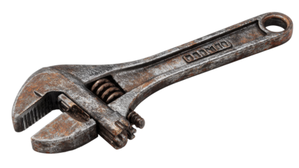 Old Adjustable Wrench on Transparent Background