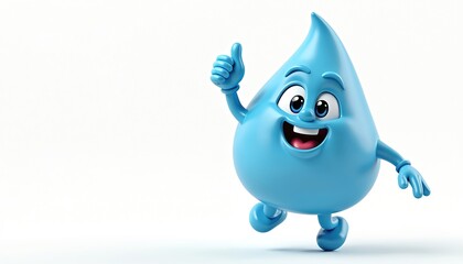 Blue water drop character jumps with thumb up. Cute cartoon raindrop mascot waves hand, happy expression on white isolated background. Good illustration for kids.