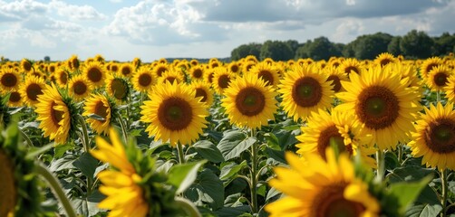 Field of sunflowers on blue sky background. Big yellow flowers. Green leaves. Sunflower plants. Summer sunny day. Cloudy sky. Agriculture field. Beautiful landscape. Nature scenery. Rural area. Eco
