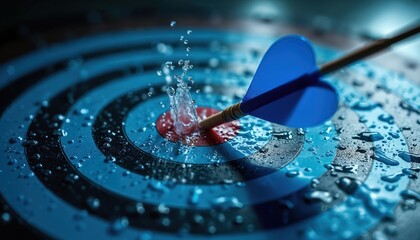 Blue dart hits red target center on dartboard with water drops. Wet target has concentric circles. Dart has blue fins and wooden shaft. Water splashes around the impact point.