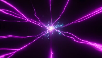 Radiant purple energy beams and electric currents converge at the center of a dark background, symbolizing high-speed digital connections, artificial intelligence, neural links, futuristic technology