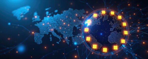 Digital abstract globe showing Europe with network connections. Blue and yellow grid forms continent map and sphere. Bright lights connect nodes, symbolizing global unity and data transfer.