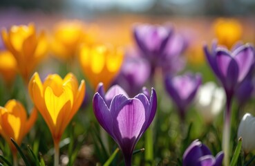 Field of bright crocus flowers in violet yellow white and orange colors. Early spring blossoms open petals towards sun in green grass. Delicate plants signal renewal.