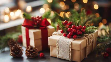 Festive gift wrapping, ideas Christmas celebrations, cozy home setting, decorative content warm, atmosphere closeup perspective, holiday spirit inspiration, packaging display scene