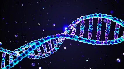 Glowing blue and purple dna strand rotating on a dark background, representing concepts in genetics, biology, biotechnology, and futuristic scientific research for medical innovation - Powered by Adobe