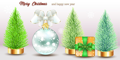 Christmas illustration of colorful Christmas trees, gift box and Christmas ball.