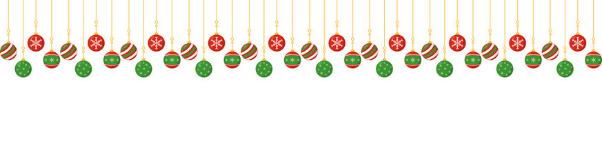 PNG image of Festive border design featuring hanging red and green christmas ornaments with snowflakes and stripes against a on transparent background
