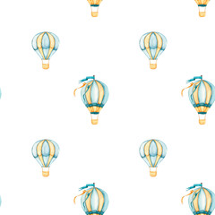 Seamless pattern with hot air balloons. Watercolor illustration with hot air Balloons. Watercolor illustration in blue and beige colors for nursery wallpaper, kids goods, fabric, wrapping paper
