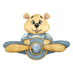 Cute Teddy Bear fly in Toy airplane. Watercolor illustration in blue and beige colors. Kids Toy Teddy Bear fly in Toy Plane. Kids clip art for nursery, kids goods, baby shower and children's room
