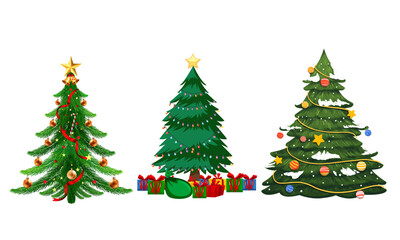 PNG image of Three distinct decorated christmas trees with ornaments lights and presents for holiday design elements on transparent background