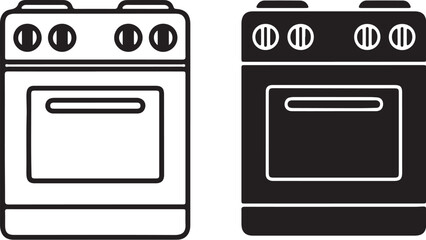 Two stylized kitchen stoves one outlined in black and white and one solid black with white outlines also transparent background