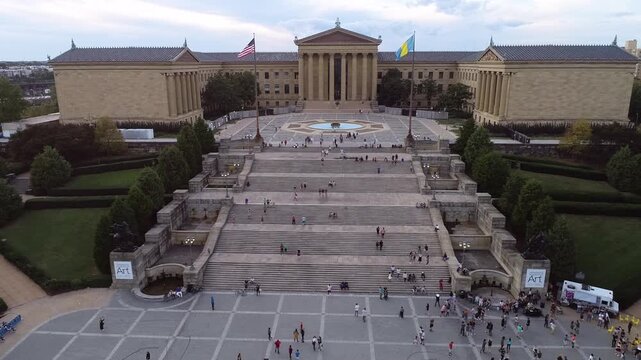 Philadelphia Museum of Art and Rocky Steps. Pennsylvania. People Dancing in Foreground. Drone