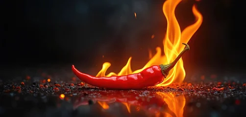 Keuken achterwand Hete pepers Red hot chilli pepper on fire with flames on dark black background. Burning red pepper with sparks and reflection. Chili on flame with heat and smoke around.  © miss irine