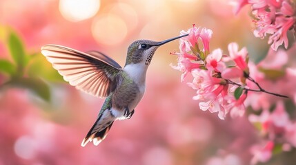 Fototapeta premium Tiny hummingbird hovers gracefully while drinking nectar from vibrant pink flowers, surrounded by glowing background, symbolizing energy, animal freedom, and beauty in a dreamy natural atmosphere.