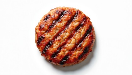 Grilled burger patty cooked to perfection with visible grill marks. Perfectly cooked meat patty with charred grill lines. Juicy hamburger patty on white background.