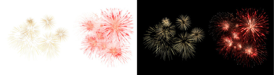 Obraz premium PNG image of&nbsp;Collection of vibrant gold and deep red fireworks bursts illuminating a stark black night sky for celebration and festive events on transparent background