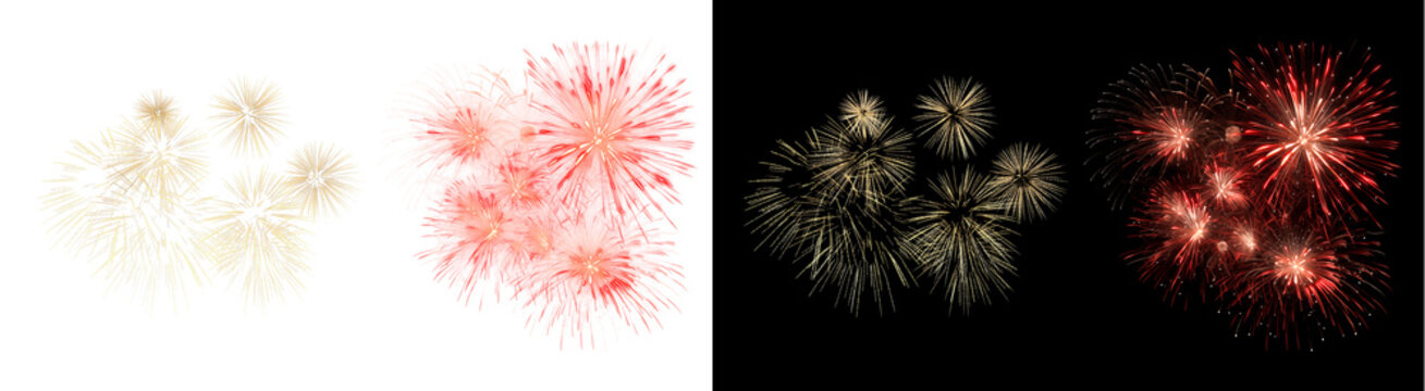 PNG image of&nbsp;Collection of vibrant gold and deep red fireworks bursts illuminating a stark black night sky for celebration and festive events on transparent background