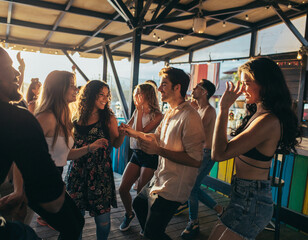 Grupa przyjaciół tańczących w barze na imprezie