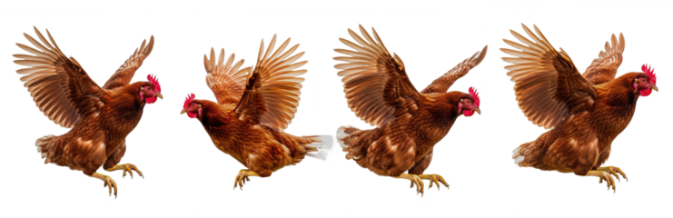Chicken Gallus gallus domesticus isolated on white, four red hens flying landing wings spread collection brown poultry farm bird livestock livestock set cut out