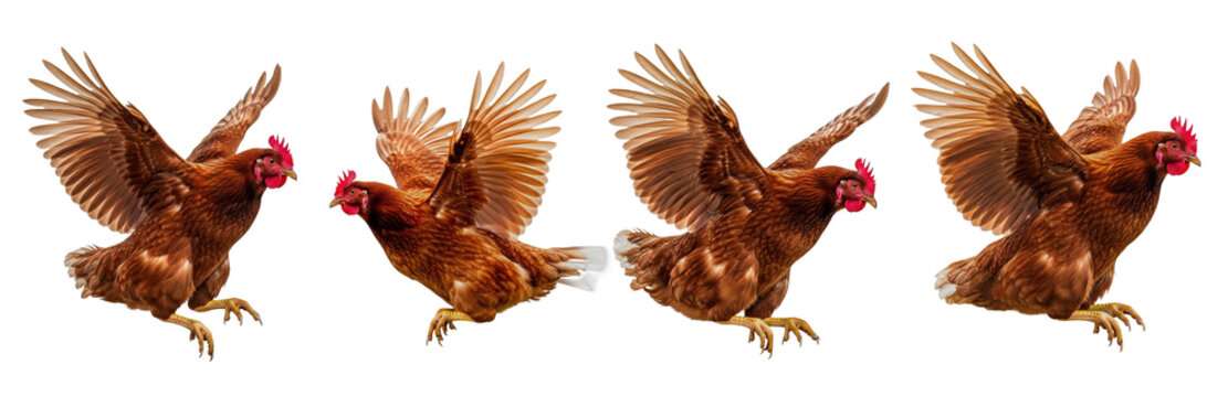 Chicken Gallus gallus domesticus isolated on white, four red hens flying landing wings spread collection brown poultry farm bird livestock livestock set cut out