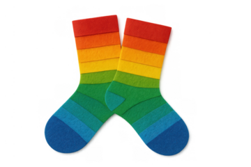 Two vibrant rainbow striped socks made of felt fabric, representing lgbtq+ pride and diversity, with a transparent background