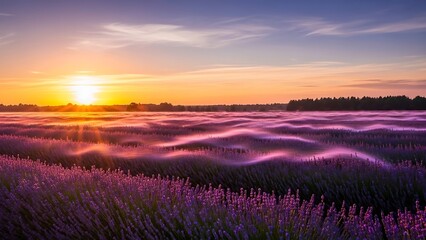 Golden Hour Lavender Field Sunrise with Ethereal Purple Mist and Vibrant Golden Light.