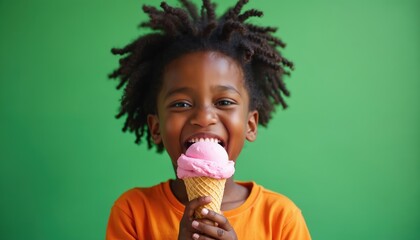 Happy Black child with dreadlocks eats pink ice cream cone with waffle cone. Smiles brightly against green studio background, enjoying sweet dessert on summer day. Joyful expression radiates pure