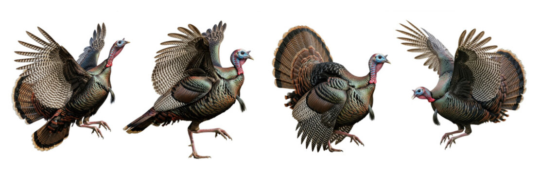 Wild Turkey Meleagris gallopavo isolated on white, four birds in different poses flying walking strutting plumage iridescent feathers wildlife bird hunting set