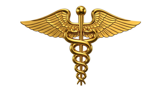 Golden caduceus symbol, with intricate wings and double snake staff, cutout, PNG isolated on white or transparent background