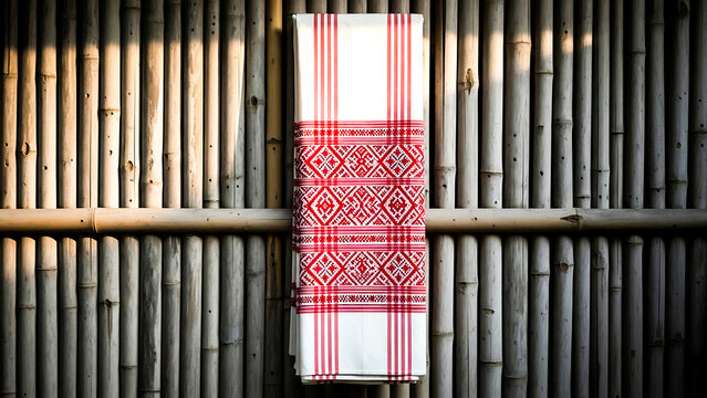 Traditional assamese gamosa textile with intricate red and white patterns