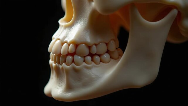 Video A detailed view of a human skull with visible teeth, ideal for uses such as education or medical s