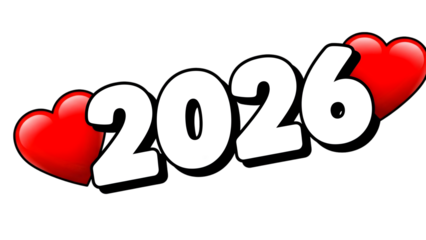 Bold white 2026 typography with vibrant red heart shaped balloons on a black background