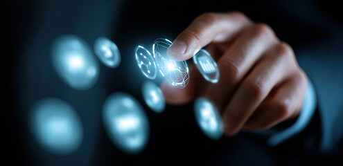 Finger selects glowing holographic icons on advanced virtual touchscreen interface seamlessly.