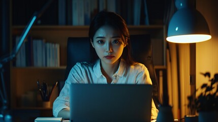 Asian woman telecommuting from home office