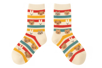 Pair of colorful kids socks with cute animal faces, bright striped pattern for children apparel, transparent background