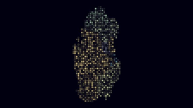 Qatar map animation. Shape of the country with pulsating colored dots. Small size circle blocks. Digital style Qatar map on dark background. Awesome video.