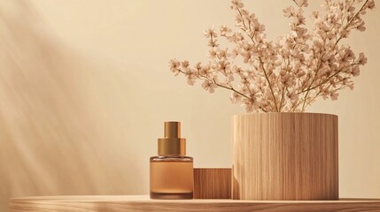 Elegant wooden display with flowers and skincare