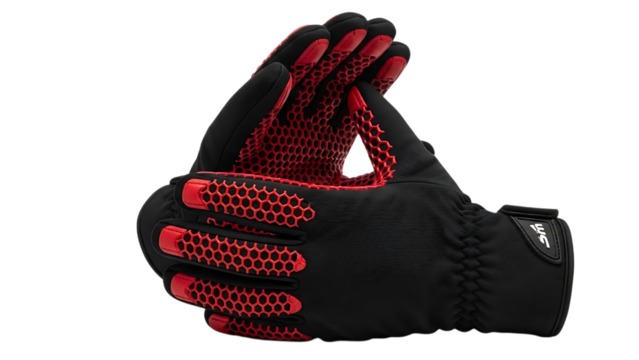 Red and black textured grip gloves, with honeycomb pattern on palms and fingers, cutout, PNG isolated on white or transparent background - Powered by Adobe