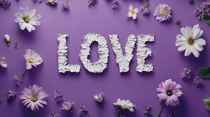 Expressive LOVE crafted from torn paper on violet backdrop