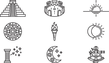 Ancient civilizations and astronomical symbols line icons for historical and mystic projects