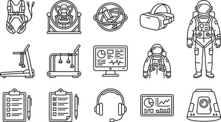 Astronaut training and space exploration equipment thin line icons set collection vector illustration