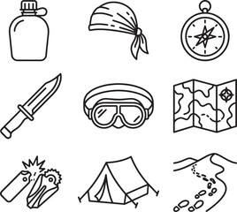 Fototapeta premium Camping and hiking adventure line icons set with outdoor gear and equipment