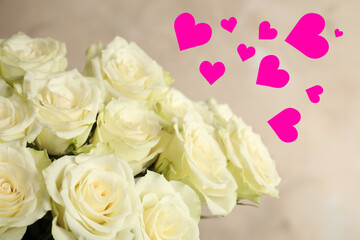 Bouquet of white roses and hearts on romantic greeting card